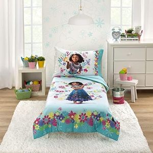 Disney Encanto Parure de lit 4 pièces pour Enfant Motif Fleurs et Papillons tropicaux Rose et Aqua – Édredon, Drap-Housse, Drap Plat et taie d'oreiller réversible