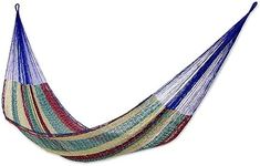 NOVICA Green Dark Red Beige Striped Hand Woven Cotton Blend Mayan 2 Person XL Rope Hammock, Colors of Mexico' (Double)