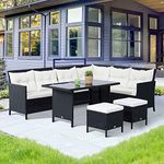 DEVOKO 5 Piece Conversational Wicker Sofa Dining Table Set, Outdoor Patio Furniture Set for Garden, Lawn, Balcony (Black and White)