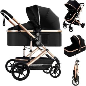 3-in-1 Baby Pram & Stroller with Bassinet | High Landscape Luxury Travel Pram for Newborn to Toddler | 50kg Capacity & Spring Shock Absorption | One-Hand Fold, 5-Point Harness | Includes Mosquito Net & Cup Holder (Black)