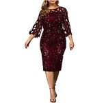 Women Dresses Clearance,Plus Size Pom Dresses UK Elegant Mother of The Bride Dress for Wedding Sexy Long Sleeve Work Office Solid Splicing Perspective Sequin Dress Party Dresses Red