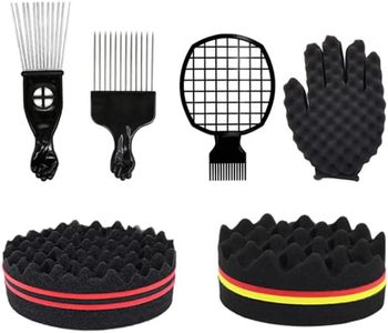 Hair Sponge Set, Magic Curl Glove, Afro Brush, Metal Pick Comb, and Twist Comb for Hairstyling (Black-6Pcs)