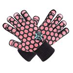 JH Heat Resistant Cooking Glove:EN407 Certified 932 °F, 2 Layers Silicone Coating, BBQ & Oven Mitts For Kitchen, Fireplace, Grilling, 1 Pair (Women Fits All, Black Shell with Coral Coating)