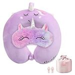 qhydz Travel Neck Pillow for Kids, Girls Unicorn Memory Foam Neck Support Pillow(Washable Cover) +Cute Eye Mask+Carry Bag+Ear Plugs, Lightweight Travel Pillow Set for Airplane Car Train Bus