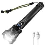 WholeFire 90000 Lumens Rechargeable LED Torch, Powerful Super Bright XHP70.2 Torch Light USB High Power Waterproof Flashlights Zoom, 3 Modes with Power Indicator for Camping, Emergency