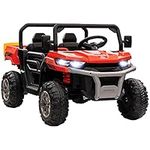 Aosom 12V Ride on Car with Electric Bucket, Two-Seater Battery-Powered Cars for Kids with Shovel, Remote Control, Spring Suspension, Horn, Music, Red