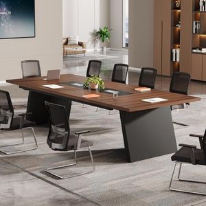 Tribesigns 8ft Conference Table, Modern Office Meeting Room Table with Cable Management, Large Business Seminar Furniture for Boardroom, Walnut and Black