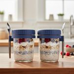 Ash & Roh 350 ml Overnight Oats Containers with Lids and Spoons, Glass Mason Jars for Overnight Oats Leak Proof Oatmeal Container Great for Cereal Fruit Vegetable Milk Salad Yogurt (Blue 2)