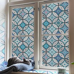JiffDiff Blue Window Privacy Film Decorative Window Tint Film Stained Glass Window Clings Static Cling Decorative Window Film Sun Blocking Heat Control Window Covering Film for Home