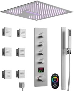 GRANDJOY Thermostatic Rainfall Shower System with 6 Body Jets, 16 Inch Ceiling Waterfall Slide Bar Faucet Set with Handheld Sprayer & 64 Led Light, Brushed Nickel