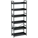 Rolanstar Bookshelf 6 Tier with 4 Hooks, Industrial Wood Bookcase, Vintage Storage Rack with Open Shelves, Rustic Standing Bookshelves Metal Frame Display Rack for Living Room, Bedroom, Black