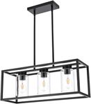 A1A9 Farmhouse Chandeliers for Kitchen Island, Matte Black 3-Light Dining Room Lighting Fixtures, Modern Rectangular Pendant Lighting Chandelier with Clear Glass Shade (Black, 3-Lights)