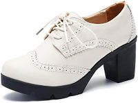 DADAWEN Women's Classic T-Strap Platform Mid-Heel Square Toe Oxfords Dress Shoes Beige US Size 6