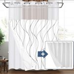 Likiyol 2PCS White No Hook Shower Curtain with Snap in Liner Hotel Shower Curtain with 2 Detachable Liner Modern Striped Shower Curtain and Liner Set Fabric, Double Layer, Washable, 71" x 74"