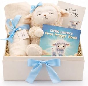 Highmark Collective Baptism Gift for Boy Baptism Set with 10" Praying Lamb Plush Toy with Blue Bow, Bamboo Muslin Blanket & First Prayer Book, Ready to Gift Keepsake Box