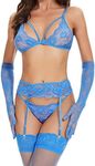 Women Lingerie with Stockings and Gloves or Eye-mask,Garter Belt Lingerie Set, Blue, X-Large