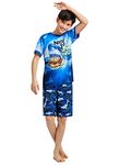 Boys 3-Piece Pajama Set Kids Sleepwear, Short Sleeve Top with Long Cuffed Pants and Matching Shorts PJ Set, Blue, M