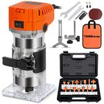 THINKWORK Compact Router, 6.5-Amp 1.25 HP Compact Wood Palm Router Tool, 6 Variable Speeds Wood Trimmer with 15 Pieces 1/4" Router Bits Set, 30000R/MIN