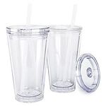 Maars Classic Acrylic Tumbler with Lid and Straw | 16oz Premium Insulated Iced Coffee Cups, Double Wall Reusable Plastic Cups - Clear, 2 Pack