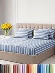 Split King 7 Piece Sheet Set - Breathable & Cooling Sheets - Hotel Luxury Bed Sheets - 1 Flat Sheet, 2 Fitted Sheets & 4 Pillowcases - Easy Fit, Soft & Wrinkle Free - Split King Blue Stripes Sheets