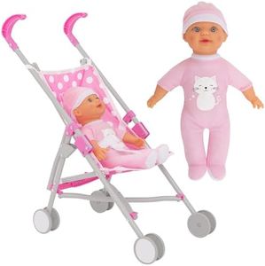 Dolly Tots Single Stroller & Doll | Pink Polka Dot Baby Doll Pushchair | Toy Dolls Buggy with Matching Doll | Lightweight Umbrella Fold Stroller for Kids | Role Play Buggy for Girls & Boys Ages 2+