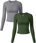 OQQ Womens 2 Piece Shirts Long Sleeve Crew Neck Ruched Stretch Basic Fitted Tee Shirts Tops Smoke Grey ArmyGreen