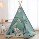 LGMOONYE Foldable Teepee Tent for Kids Green Pompom Ball Design with Floor Mat,Carry Case,Banner,Four Ploes Classic Cute Children Playing House Indoor Outdoor Nursery Decor