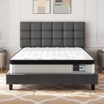 Yaheetech 4FT6 Double Mattress Memory Foam and Pocket Sprung, with Linen Upholstered Bed Frame, Adjustable and Square Tufted Headboard, Wooden Slats,135 * 190 cm Double, Dark Grey