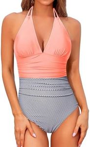 Holipick Women One Piece Swimsuit Tummy Control Halter Bathing Suit Sexy Plunge V Neck Swimwear, Pink Striped, Large