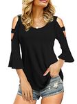 Florboom Womens Cold Shoulder Top Summer Basic T Shirts 3/4 Sleeve Casual Blouse Tshirts, B: Black, XXL