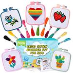Pllieay 5PCS Cross Stitch Kits for Kids 7-13, Includes 5 Project Patterned and 5pcs Square Embroidery Hoops, 11 Skeins, Needle Point Starter Kit Sewing Set with Instructions