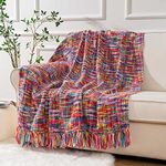 BATTILO HOME Colorful Bohemian Throw Blanket with Fringe Decorative Knitted Throw Travel Blanket Nap Throws for Sofas, Armchair, Couch and Bed (127x152cm, Multi)