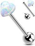 OUFER Tongue Rings, G23 Solid Titanium Tongue Ring, Heart Tongue Piercing Jewelry, White Opal Internally Threaded Tongue Rings for Women Men