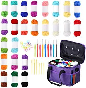 GWHOLE 24 Assorted Colors Crochet Yarns with Crochet Hooks & Knintting Bag Set for DIY Crafts