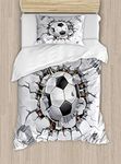 Ambesonne Sports Decor Duvet Cover, Soccer Ball and Old Plaster Wall Damage Destruction Punching Illustration, 2 Piece Bedding Set with 1 Pillow Sham, Twin/Twin XL Size Multi 9