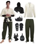 7 Pcs Men's Renaissance Costume Medieval Pirate Shirt Ankle Banded Pants Viking Costume Accessories Set (Green, 3X-Large)