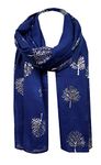 World of Shawls Silver Foil Mulberry Tree Print Fashion Scarf (Royal Blue)