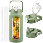 HYDRAGLAZIC 2L Glass Water Bottle with 2 Lids Flip and Chug Lids 2 Liter Large Water Jug with Time Marker and Silicone Sleeve BPA Free Leak-proof for Sports Gym, Oliver