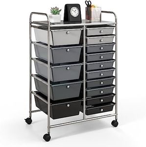 Giantex 15-Drawer Rolling Storage Cart, Mobile Utility Cart w/Colorful Drawers & Metal Frame, Art Craft Organizer w/Lockable Wheels, Drawer Cart for Home, Office (Silver/Mixed Black)