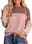 Dokotoo Womens Pullover Shirts Crewneck Long Sleeve Colorblock Tunics Blouses Autumn Casual Loose Jumper Tops Fall Fashion Knitted Tops Cruise Outfits for Women 2024 Light Pink Medium