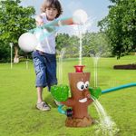 Outdoor Water Spray Sprinkler Toy for Kids, Backyard Tree Stump Sprinkler Tee Ball Games Set with 2 Baseballs, Attaches to Garden Hose Splashing Fun Gift for 3+ Years Boys and Girls