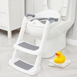 Forbena Potty Training Toilet Seat with Step Stool Ladder, Toddler Kids Potty Seat for Boys Girls, Non Slip Foldable Toilet Training Seat with Soft Cushion, Comfortable Handles (White-Grey)