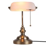 Newrays White Matted Glass Bankers Desk Lamp with Pull Chain Switch Plug in Fixture,Green Bronze Finish