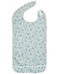 Celley Xtra Long Adult Bib Clothing Protector Eating Apron w/Crumb Catcher, Waterproof PU Coated Polyester Shirt Protector Bib for Grown Ups, Elderly Men Women Senior Citizen (Blue Flowers)