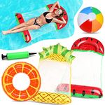 Chennyfun Water Hammock with Beach Ball and Orange Swimming Ring and Air Pump, 2 Pack Fruit and Pineapple Inflatable Pool Lounger Floating Chair Beds, Relaxing Water Toys for Adults Kids