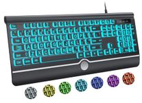 KOPJIPPOM Computer Wired Keyboard, Large Print Backlit Keyboard with Wrist Rest, 7-Colors Backlit, Plug and Play, Foldable Stands, Spill-Resistant, Corded Full Size Keyboard for Windows, PC, Laptop