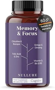 Nootrópico Potente Nullure | Memoria y Concentración | Energía | Vegano | Ginko Biloba 6000 mg + Citicolina COGNIZIN + Ginseng + Bacopa Monnieri + Zinc + Vitamina D | Sin Cafeína | 60 caps
