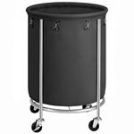 SONGMICS Laundry Basket with Wheels, Rolling Laundry Hamper, 45 Gal., Round Laundry Cart with Steel Frame and Removable Bag, 4 Casters and 2 Brakes, Ink Black and Metallic Silver URLS001B01