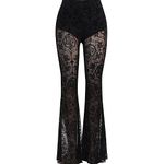 Women Trousers Bell Bottom Pants Lace Flare Leggings Solid Pleated High Waist Sheer Mesh Goth Punk Hippie Hollow Out (UK, Alpha, S, Regular, Regular, Black)