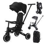 FYLO Xplor Kids Trike Foldable Compact Portable Tricycle Toddler with Parent Handles Includes Travel Bag Raincover Ages 18m - 5y - Jet Black